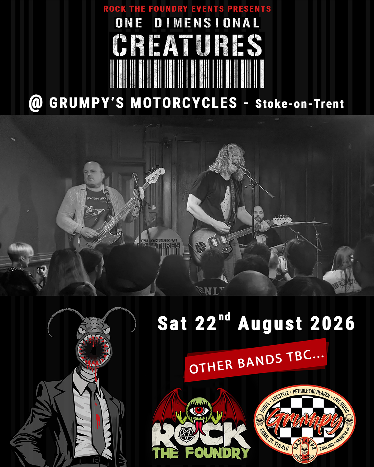 Rock the Foundry presents - One Dimensional Creatures at Grumpy's Motorcycles in Stoke-on-Trent on 22nd August 2026